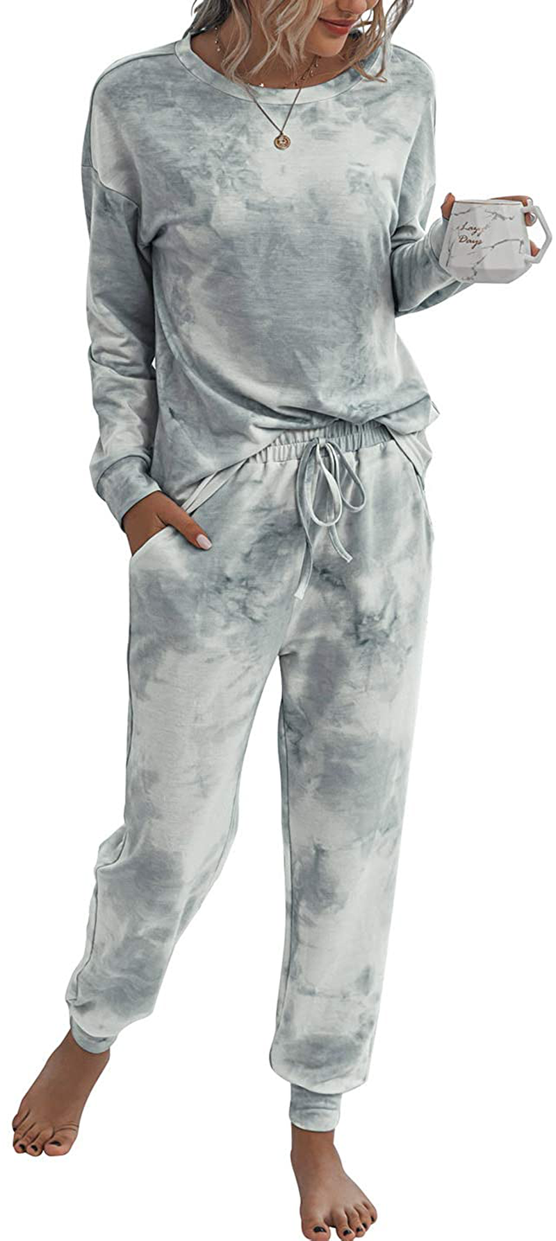 PRETTYGARDEN Women’s Tie Dye Two Piece Pajamas Set Long Sleeve Sweatshirt with Long Pants Sleepwear Apparel & Accessories > Clothing > Sleepwear & Loungewear > Pajamas PRETTYGARDEN Grey X-Large
