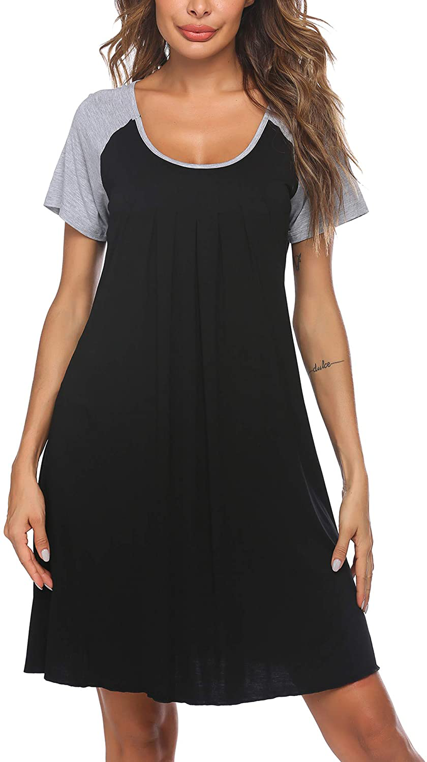 Ekouaer Women'S Nightgown Short Sleeve Sleepwear Comfy Sleep Shirt Pleated Scoopneck Nightshirt S-XXXL Apparel & Accessories > Clothing > Sleepwear & Loungewear > Nightgowns Kylie Max
