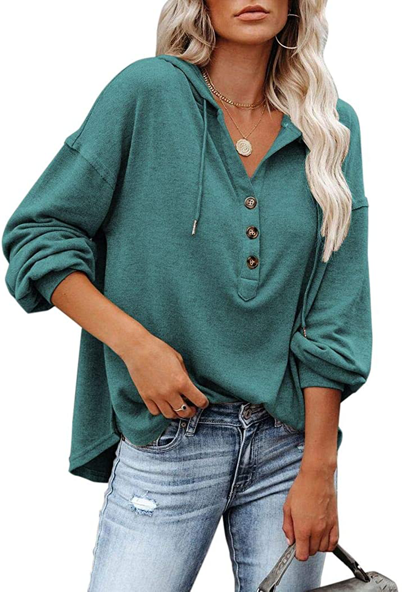 REVETRO Womens V Neck Long Sleeve Henley Shirts Button down Sweatshirts Hoodies Tunic Tops with Drawstring Apparel & Accessories > Clothing > Activewear Kylie Max
