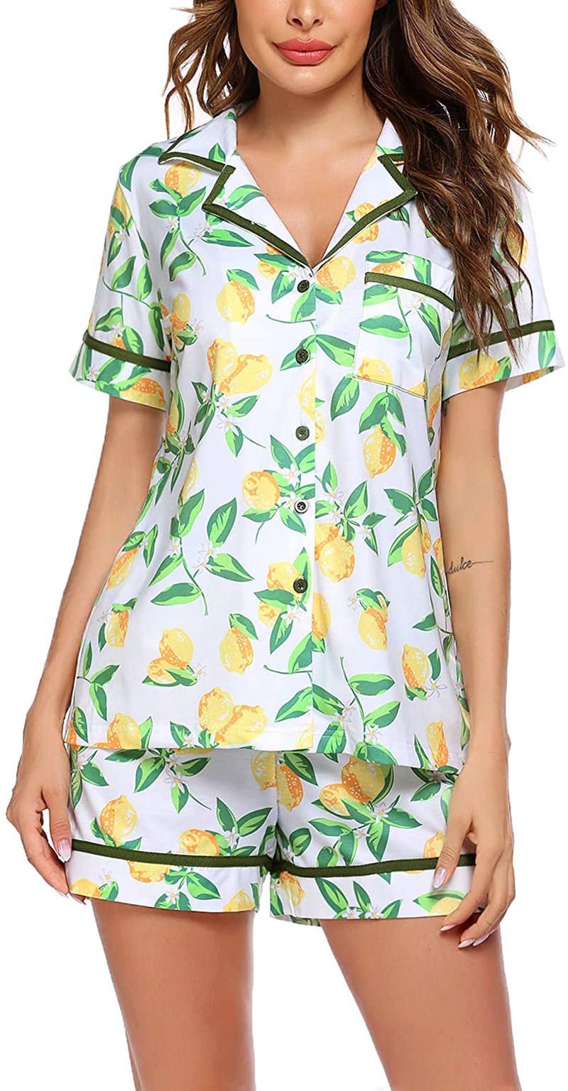 Ekouaer Pajamas Soft Striped Women's Short Sleeve Button Sleepwear Shorts Shirt PJ Set(S-XXL) Apparel & Accessories > Clothing > Sleepwear & Loungewear > Pajamas Ekouaer F-lemon Printed New Large