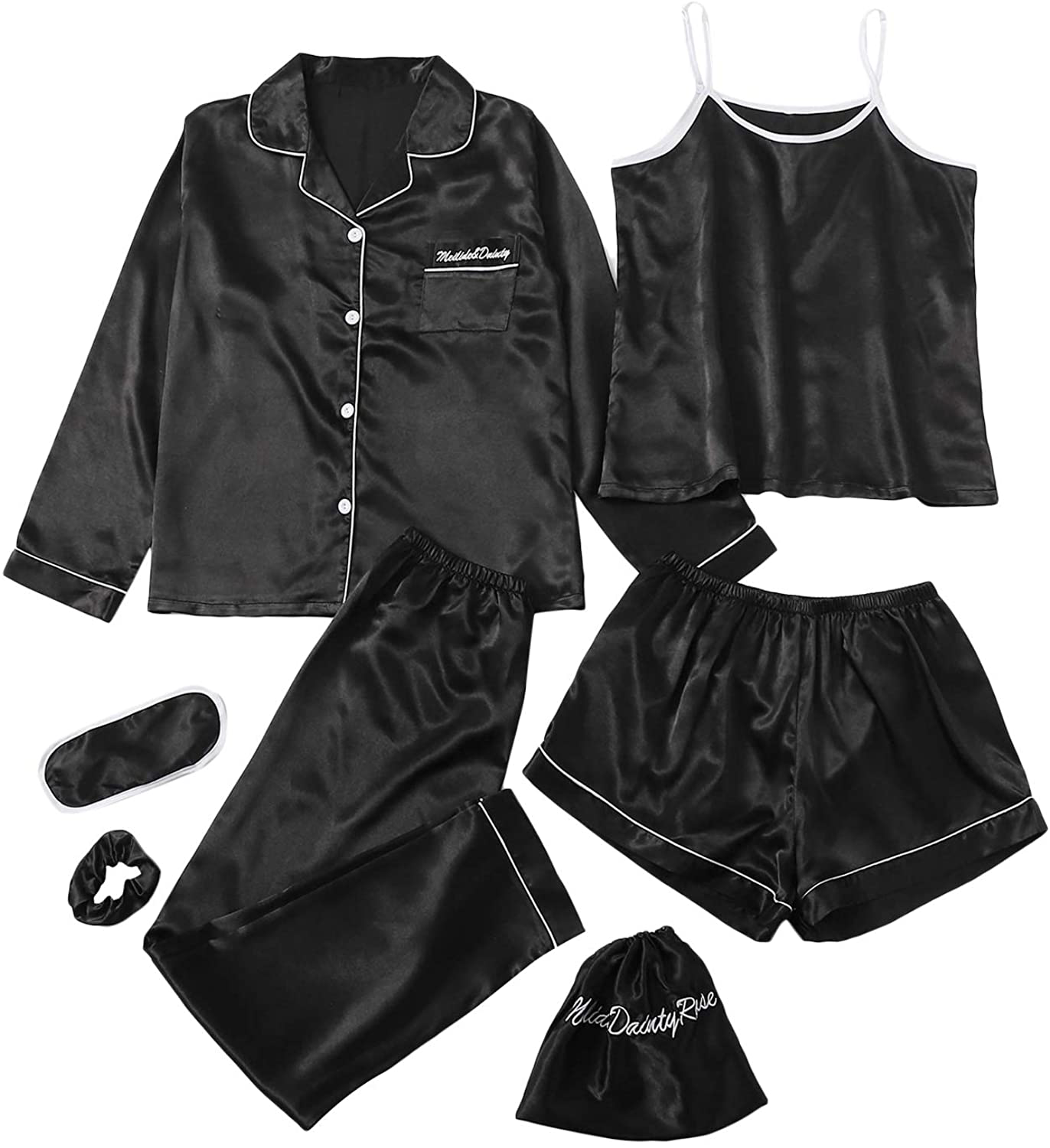 SheIn Women's 7pcs Pajama Set Cami Pjs with Shirt and Eye Mask Apparel & Accessories > Clothing > Sleepwear & Loungewear > Pajamas SheIn Plain Black X-Large