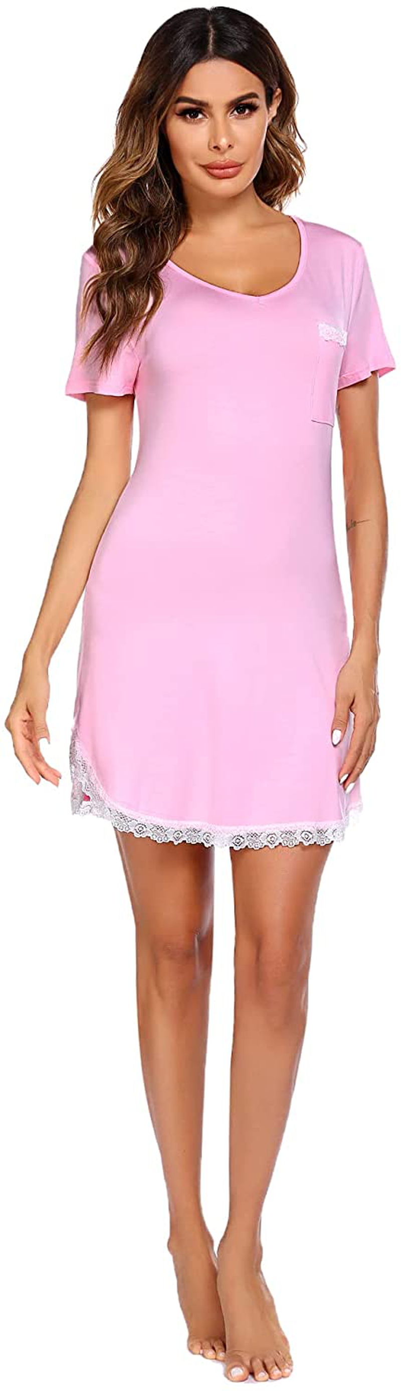 Ekouaer Nightgowns for Women Sexy Sleepshirts V Neck Short Sleeve Sleepwear Lace Trim Soft Short Night Shirts XS-3XL Apparel & Accessories > Clothing > Sleepwear & Loungewear > Nightgowns Kylie Max