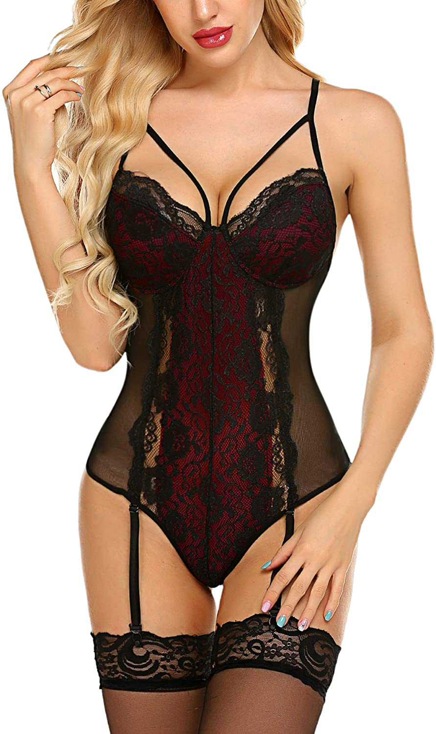Avidlove Garter Lingerie For Women Sexy Lace Teddy Chemise One Piece Bodysuit Apparel & Accessories > Clothing > Underwear & Socks > Lingerie Avidlove Dark Red X-Large