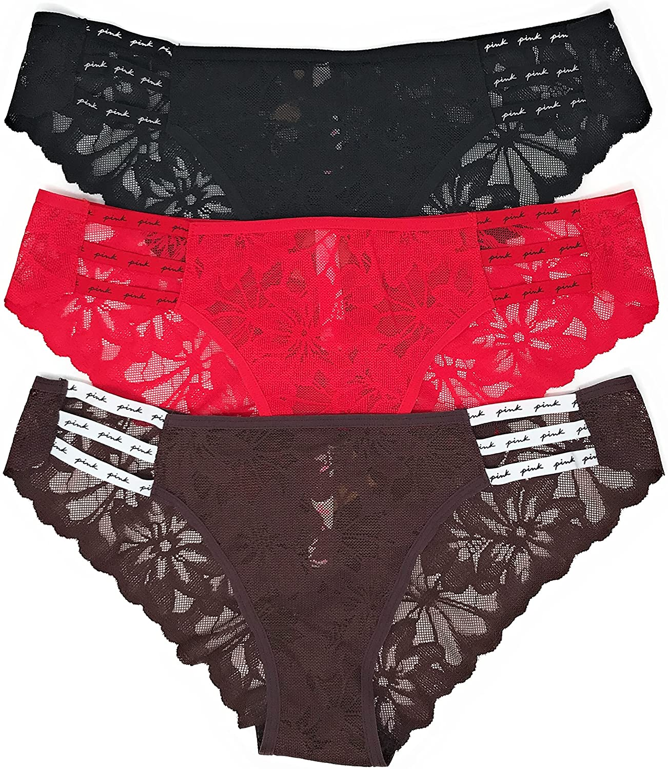Victoria'S Secret Pink Cheekster Panty Set of 3 Victoria's Secret Strappy Lace Black / Red / Burnt Umber X-Large