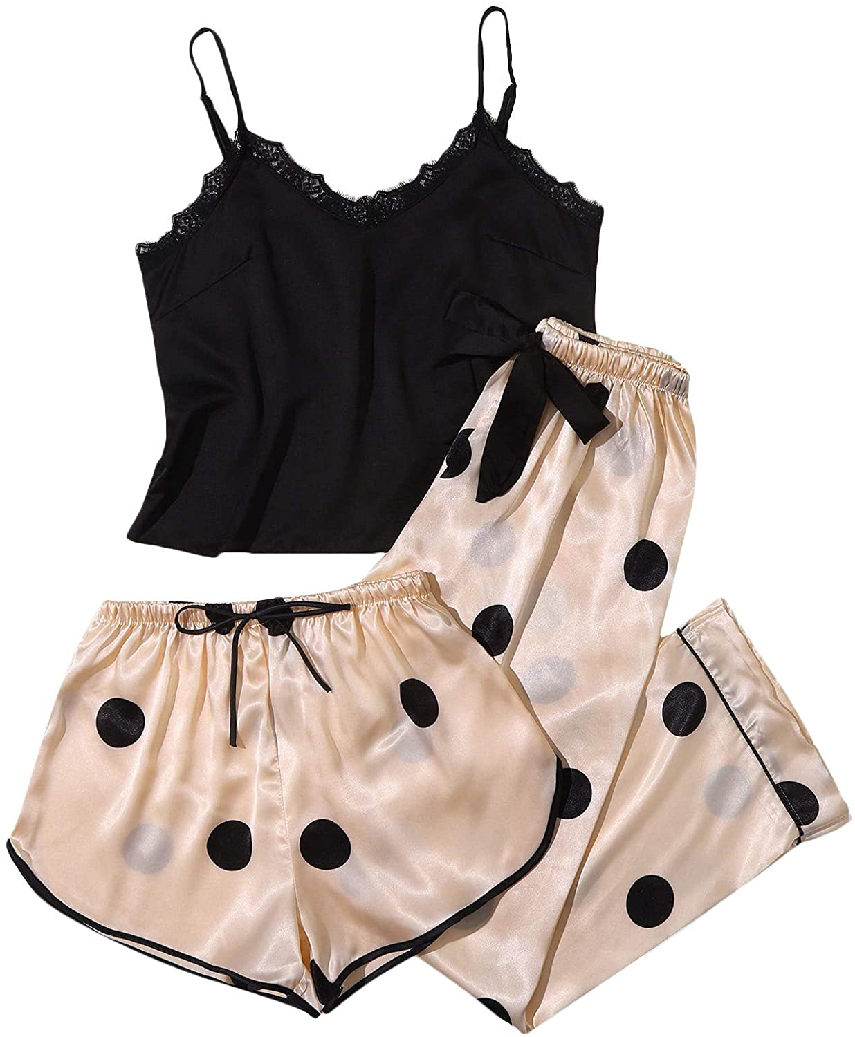 Shein Women'S 3 Piece Lace Trim Polka Dots Cami Top and Shorts Pants Satin Pajama Set Apparel & Accessories > Clothing > Sleepwear & Loungewear Kylie Max