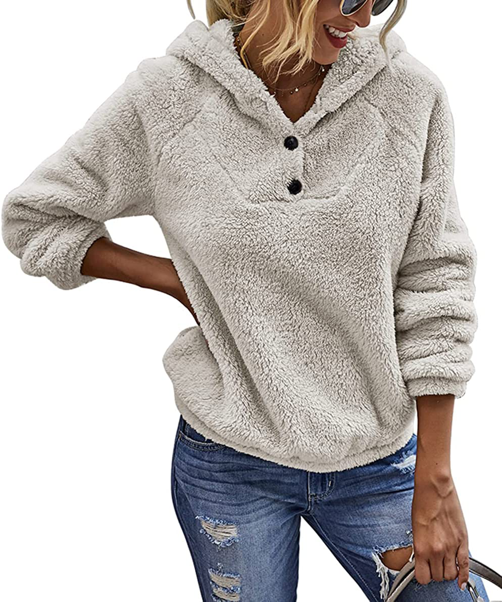 KIRUNDO Winter Women’S Fuzzy Fleece Hoodies Sweatshirts Casual Long Sleeves Shaggy Sherpa Pullover with Pockets Apparel & Accessories > Clothing > Activewear Kylie Max