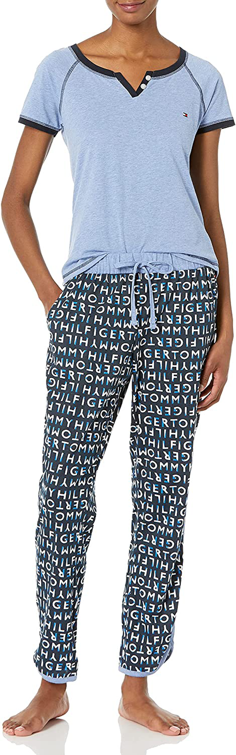 Tommy Hilfiger Women's Short Sleeve Tshirt and Logo Pant Lounge Bottom Pajama Set Pj Apparel & Accessories > Clothing > Sleepwear & Loungewear > Pajamas Tommy Hilfiger Multi Block Tommy Chambray Heather Medium