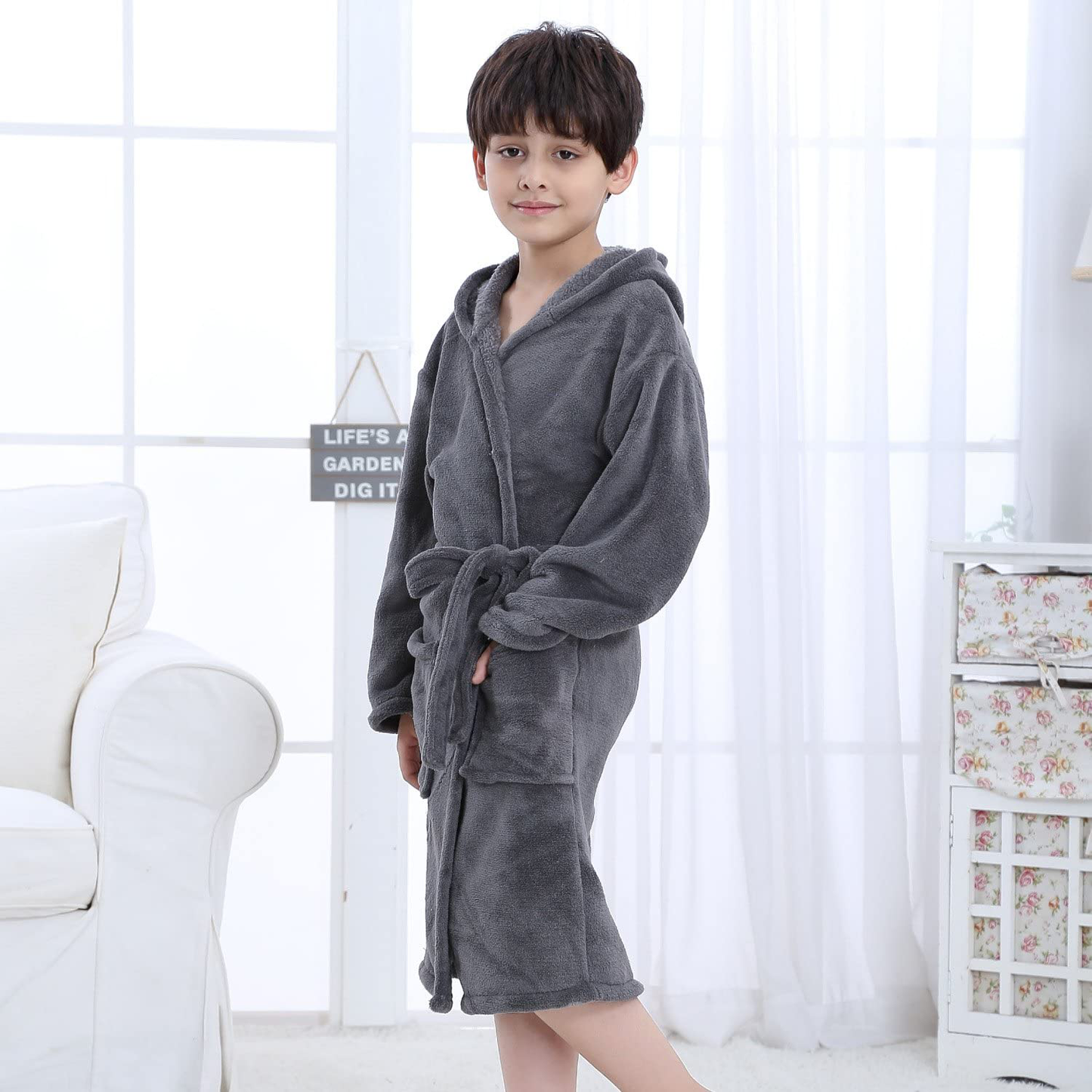 Hooded Herringbone Boy'S Fleece Soft Spa Kimono Long Robe,Kids Comfy Sleepwear Bathrobe Apparel & Accessories > Clothing > Sleepwear & Loungewear > Robes Kylie Max