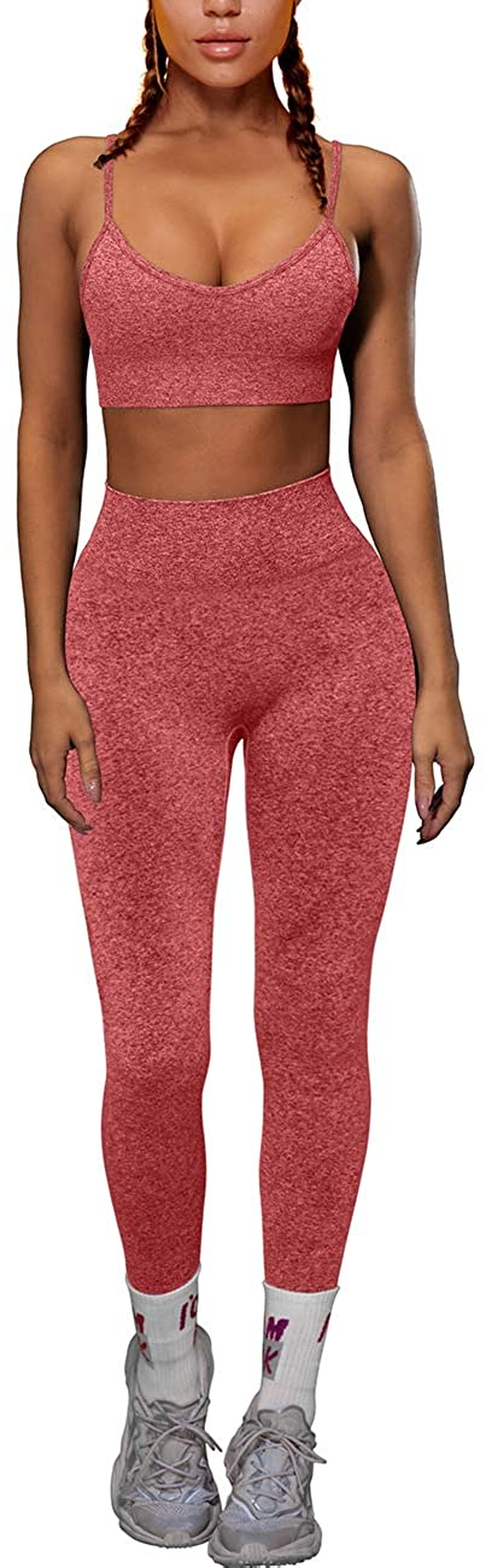OQQ Yoga Outfit for Women Seamless 2 Piece Workout Gym High Waist Leggings with Sport Bra Set Apparel & Accessories > Clothing > Underwear & Socks > Lingerie HZSN F: Red Medium