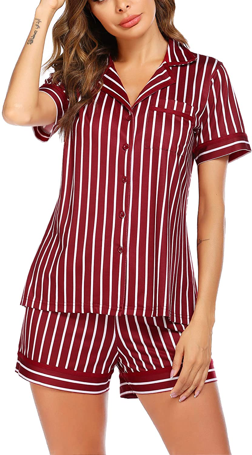 Ekouaer Pajamas Soft Striped Women's Short Sleeve Button Sleepwear Shorts Shirt PJ Set(S-XXL) Apparel & Accessories > Clothing > Sleepwear & Loungewear > Pajamas Ekouaer A-wine Red Vertical Striped Small