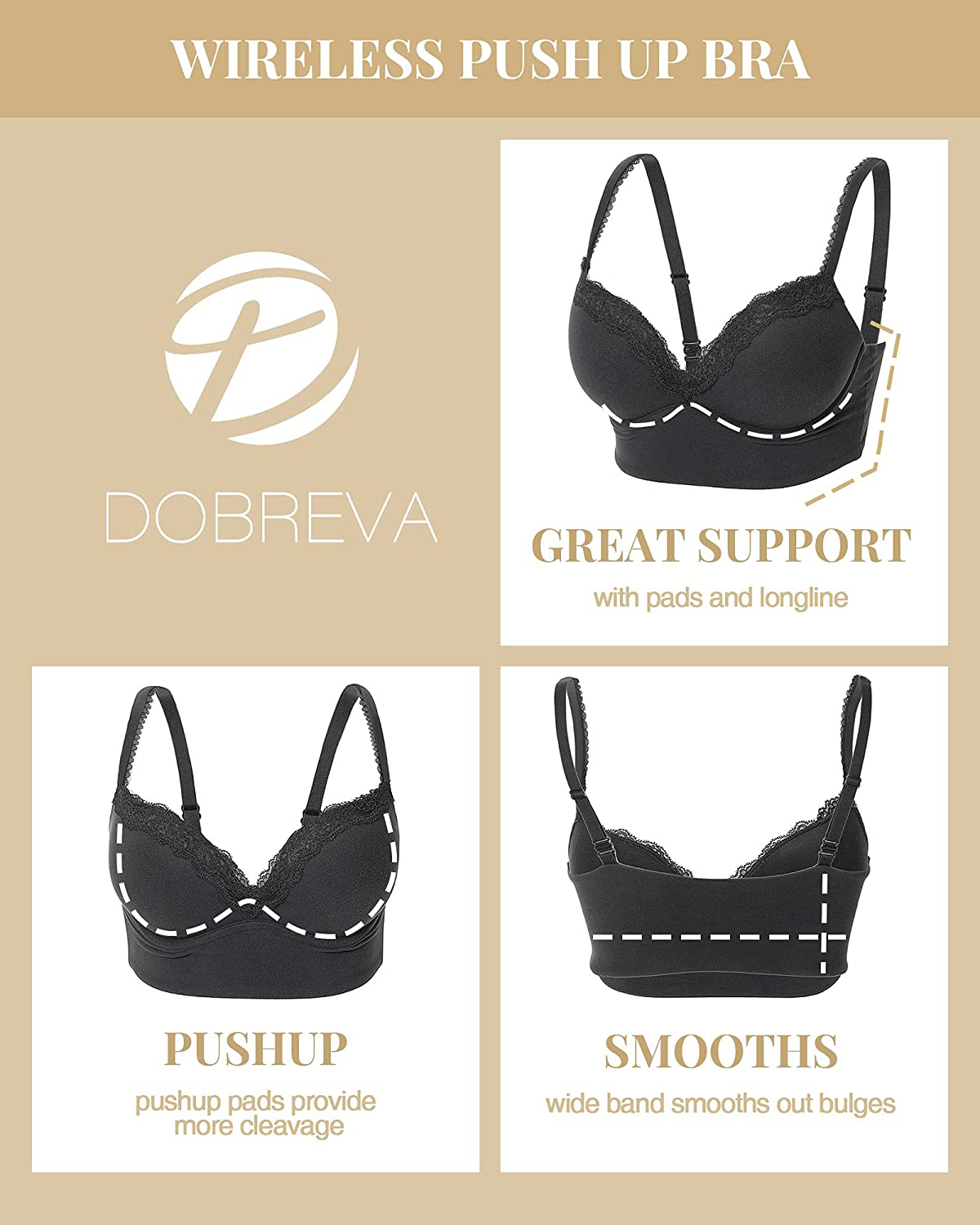 DOBREVA Women's Push Up Bra Wireless Padded Bralette Lace Longline Support Bras Apparel & Accessories > Clothing > Underwear & Socks > Bras DOBREVA