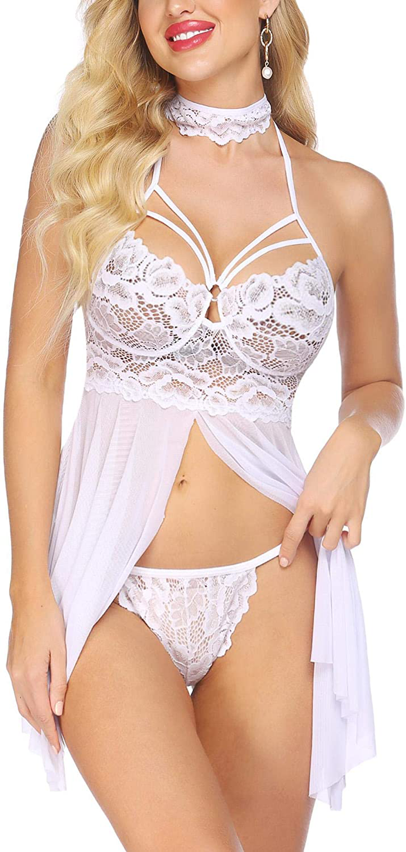 Ekouaer Women Sexy Lingerie Babydoll Lace Nightgown Mesh Chemise Boudoir Nighty White Apparel & Accessories > Clothing > Underwear & Socks > Lingerie Kylie Max