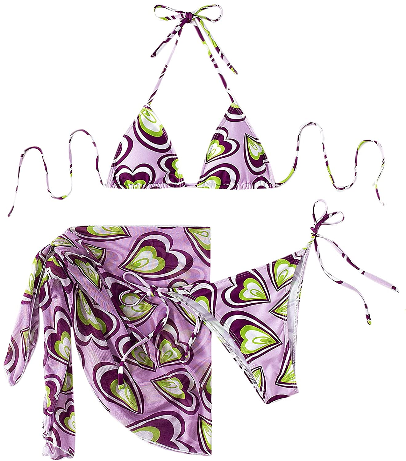 SOLY HUX Women'S Tie Dye Wrap Bikini Bathing Suits with Mesh Beach Skirt 3 Piece Swimsuits Apparel & Accessories > Clothing > Underwear & Socks > Lingerie KYLIE MAX Heart Purple Large
