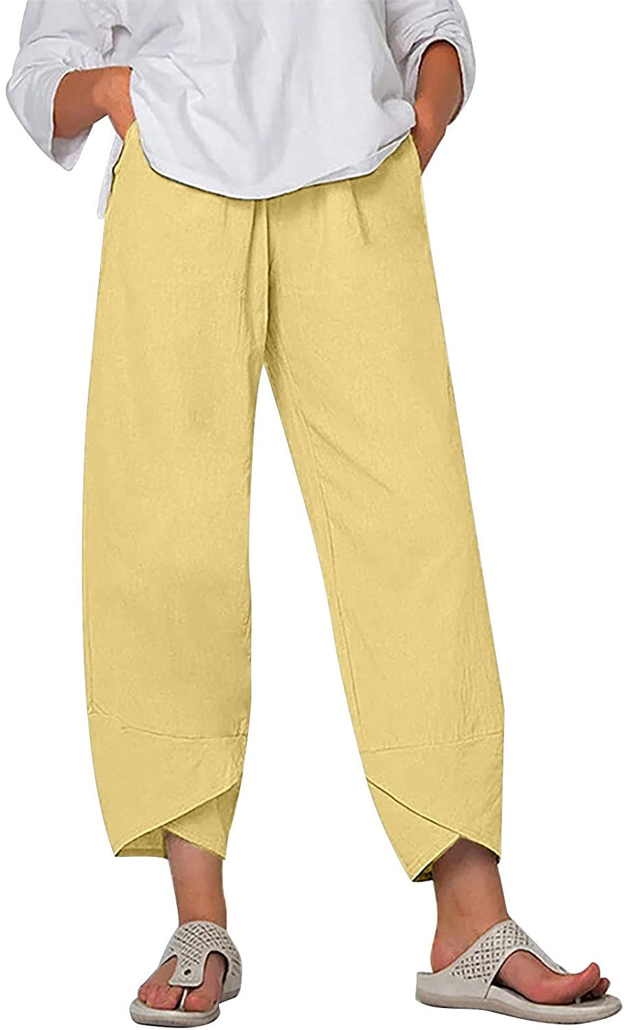 Burband Womens Summer Baggy Cotton Linen Cropped Work Pants Casual Drawstring Loose Beach Yoga Harem Pants plus Size S-6XL Apparel & Accessories > Clothing > Underwear & Socks > Shapewear Burband Yellow X-Large