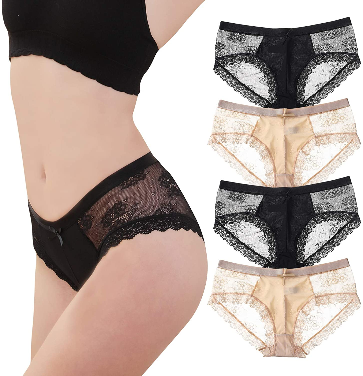 LEVAO Womens Bikini Panties Underwear Lace Hipster Seamless Sexy Hi Cuts Pack 6 Apparel & Accessories > Clothing > Underwear & Socks > Underwear LEVAO 4 Pack Small