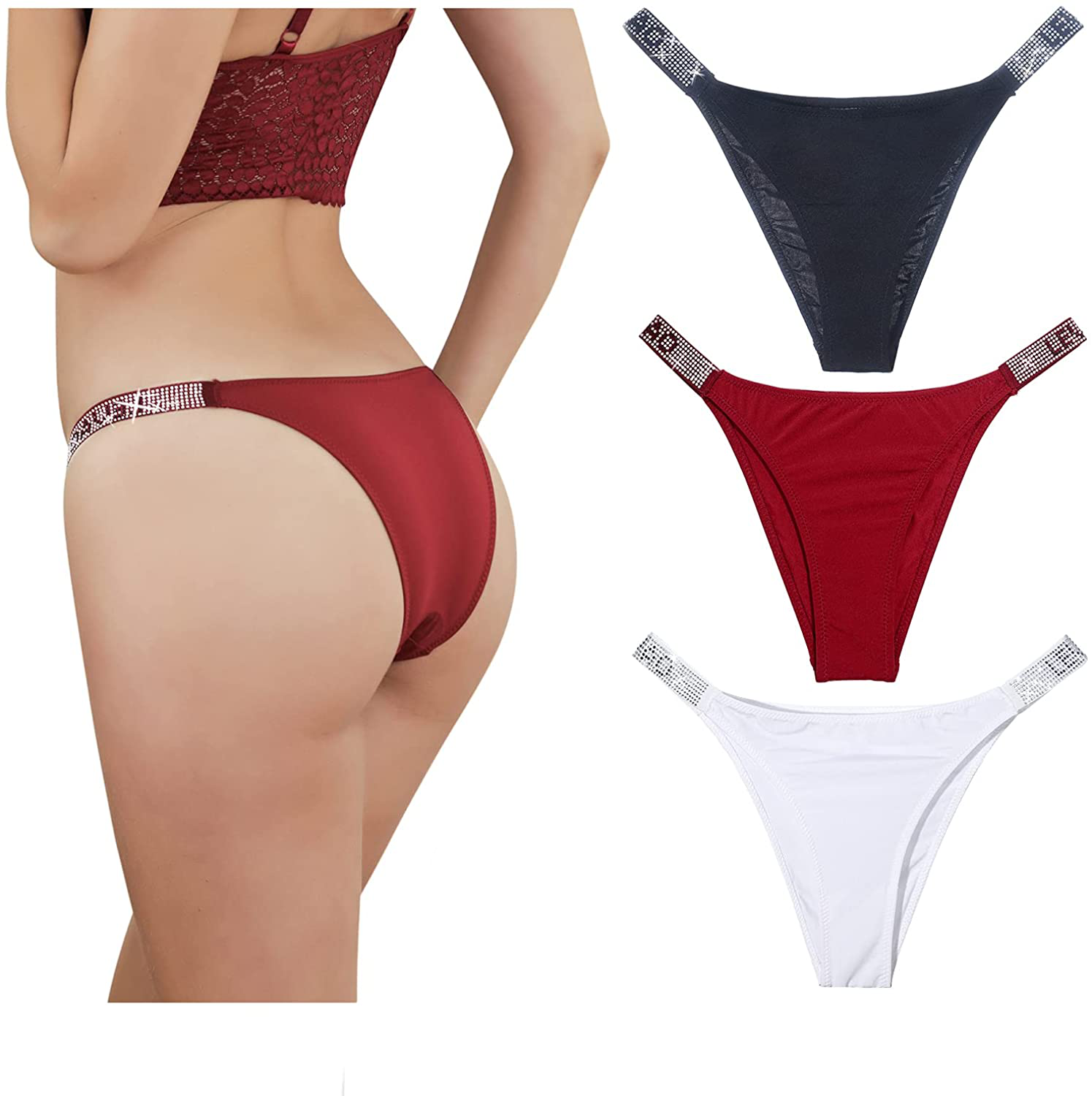 Sexy Panties, LEVAO Thongs for Women Letter Rhinestones G-String Low-rise Tanga Stretch Underwear Pack of 6 Apparel & Accessories > Clothing > Underwear & Socks > Underwear LEVAO 3-color Mixed Thong Large