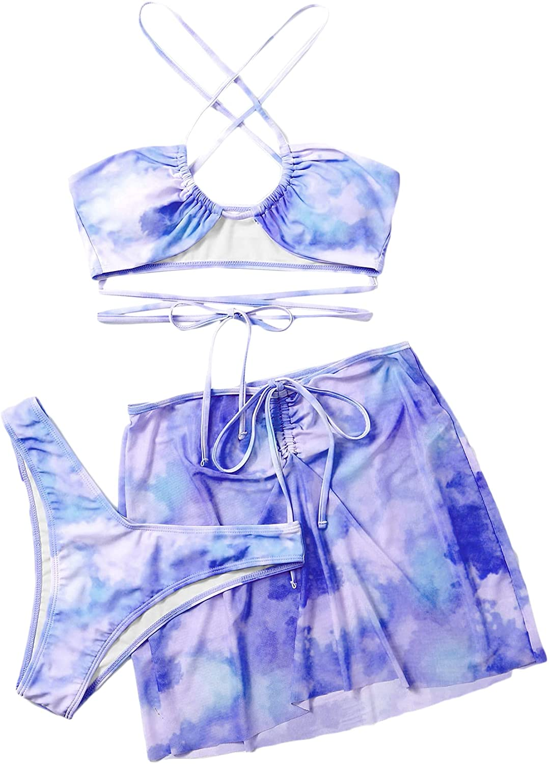 SOLY HUX Women'S Tie Dye Wrap Bikini Bathing Suits with Mesh Beach Skirt 3 Piece Swimsuits Apparel & Accessories > Clothing > Underwear & Socks > Lingerie KYLIE MAX Purple Tie Dye Large