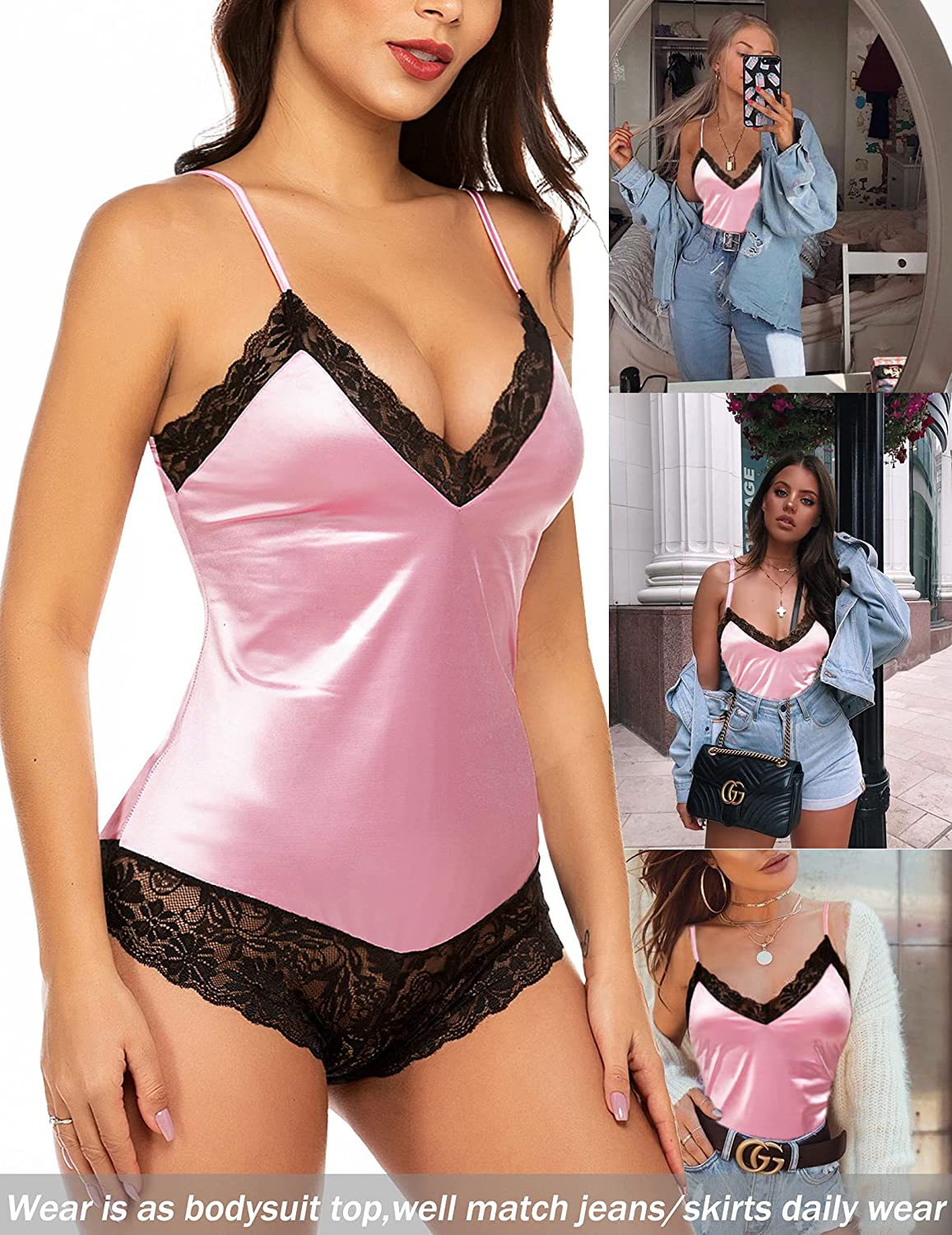 Avidlove Women Satin Lingerie Bodysuit Deep-V Stretch Teddy One Piece Lace Babydoll Short Jumpsuit Pajamas Apparel & Accessories > Clothing > Underwear & Socks > Lingerie Avidlove