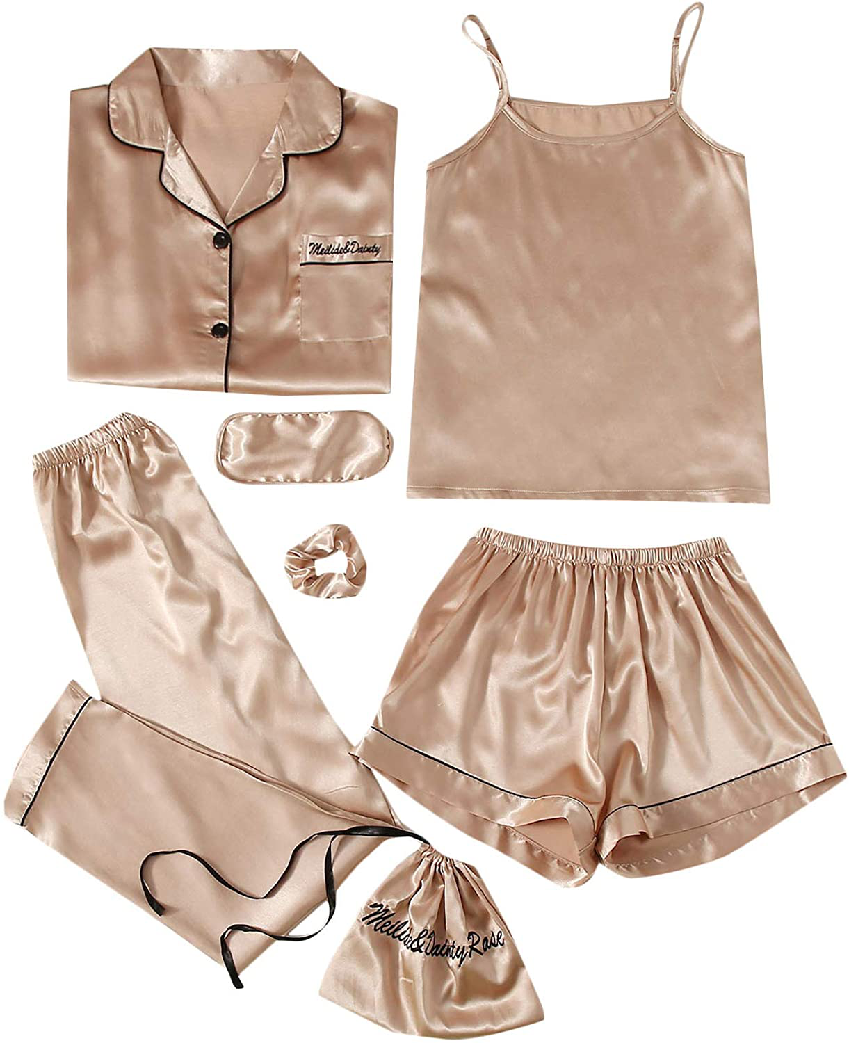 Shein Women'S 7Pcs Printed Cami and Shorts Satin Pajama Set with Shirt and Eye Mask Apparel & Accessories > Clothing > Sleepwear & Loungewear Kylie Max