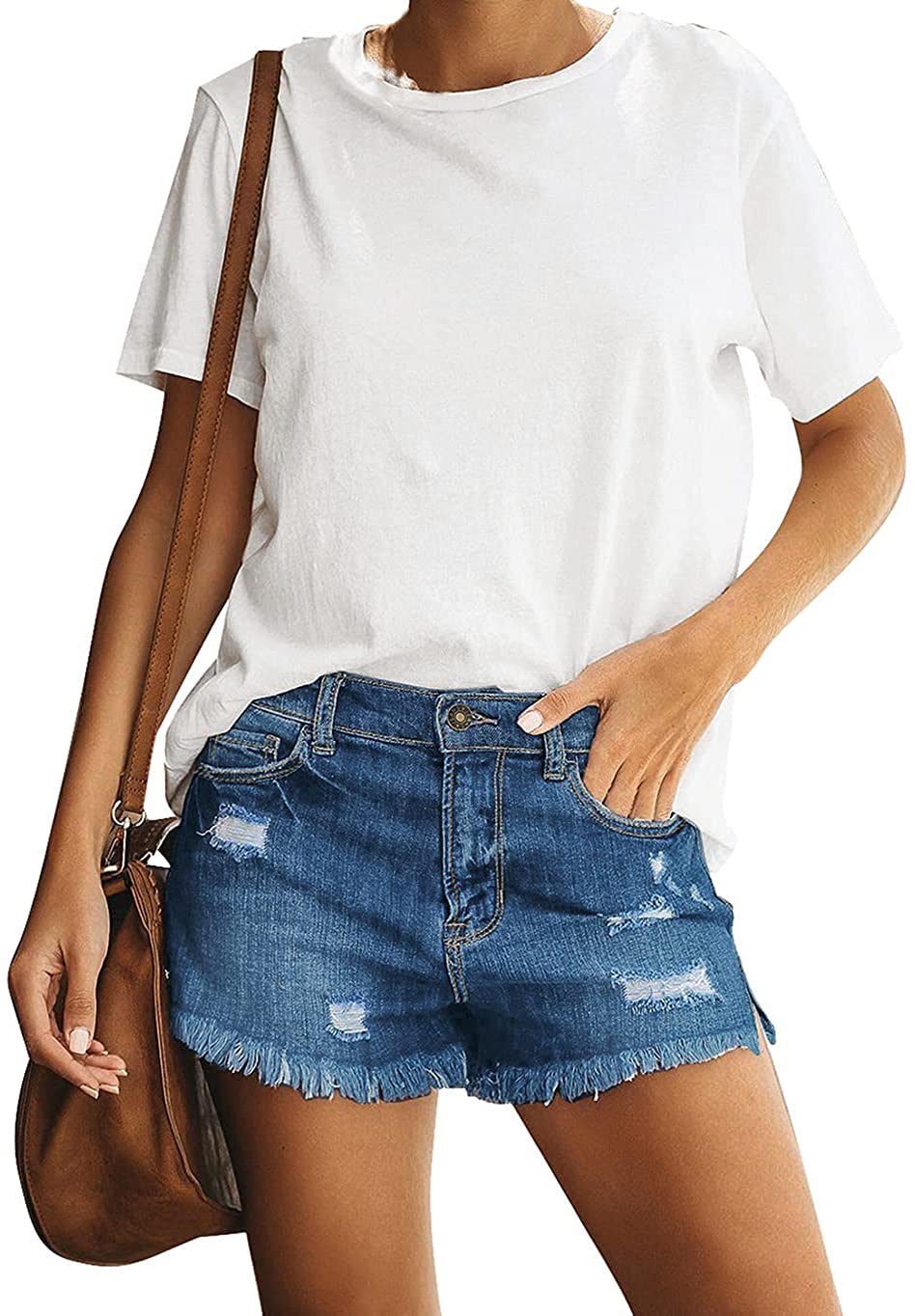 Luvamia Women'S Casual Mid Rise Denim Shorts Stretch Ripped Raw Hem Jean Shorts Apparel & Accessories > Clothing > Shorts Kylie Max