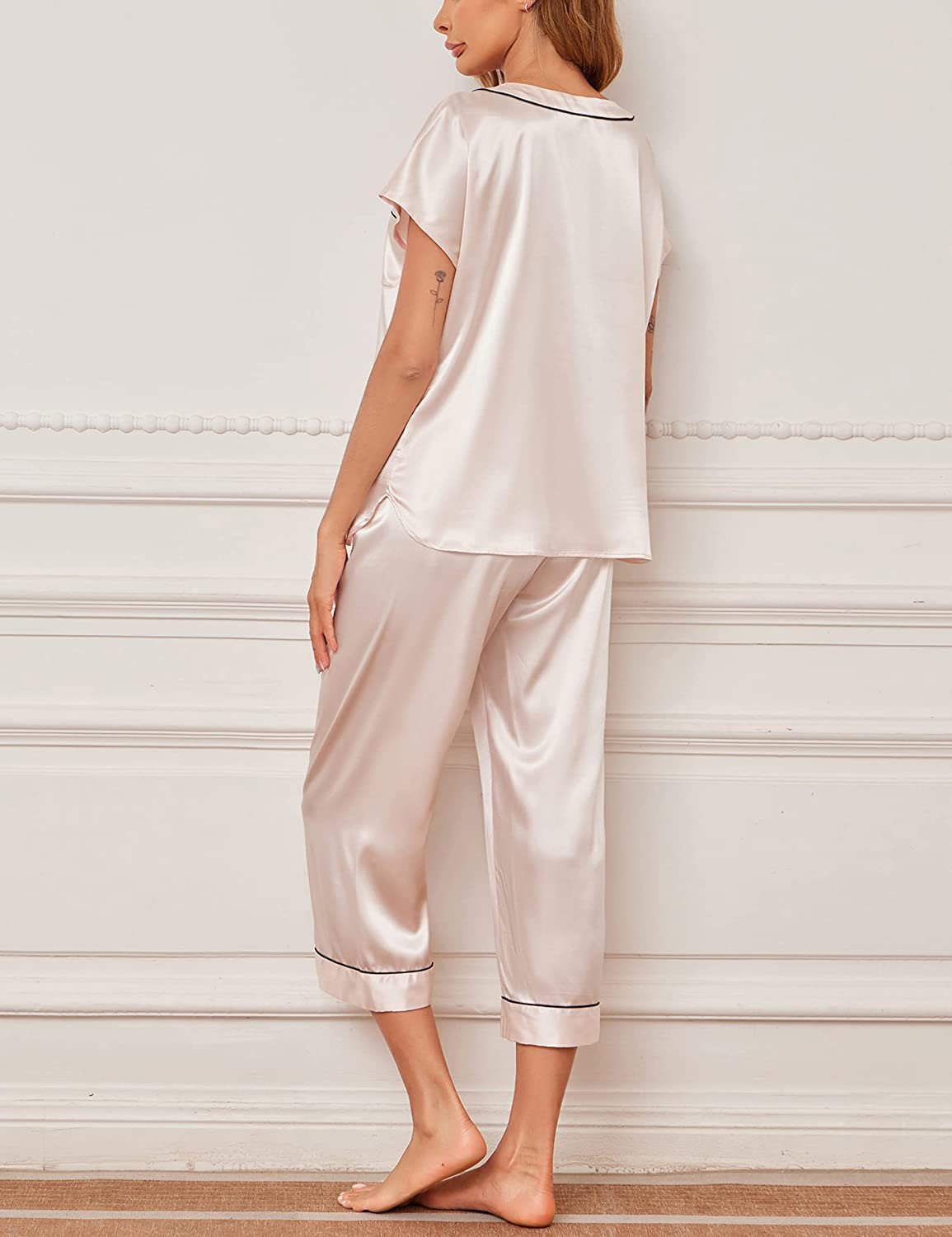 Ekouaer Women Silk Satin Pajamas Button down Lounge Sets Short Sleeve Sleepwear Apparel & Accessories > Clothing > Sleepwear & Loungewear > Pajamas Kylie Max