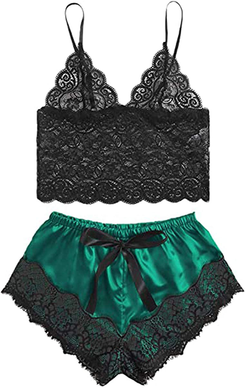 Roselux Women Sexy Lace Lingerie Pajama Set Lace Cami Top with Panties Sleepwear 2 Piece Outfits Nightwear Apparel & Accessories > Clothing > Sleepwear & Loungewear Kylie Max