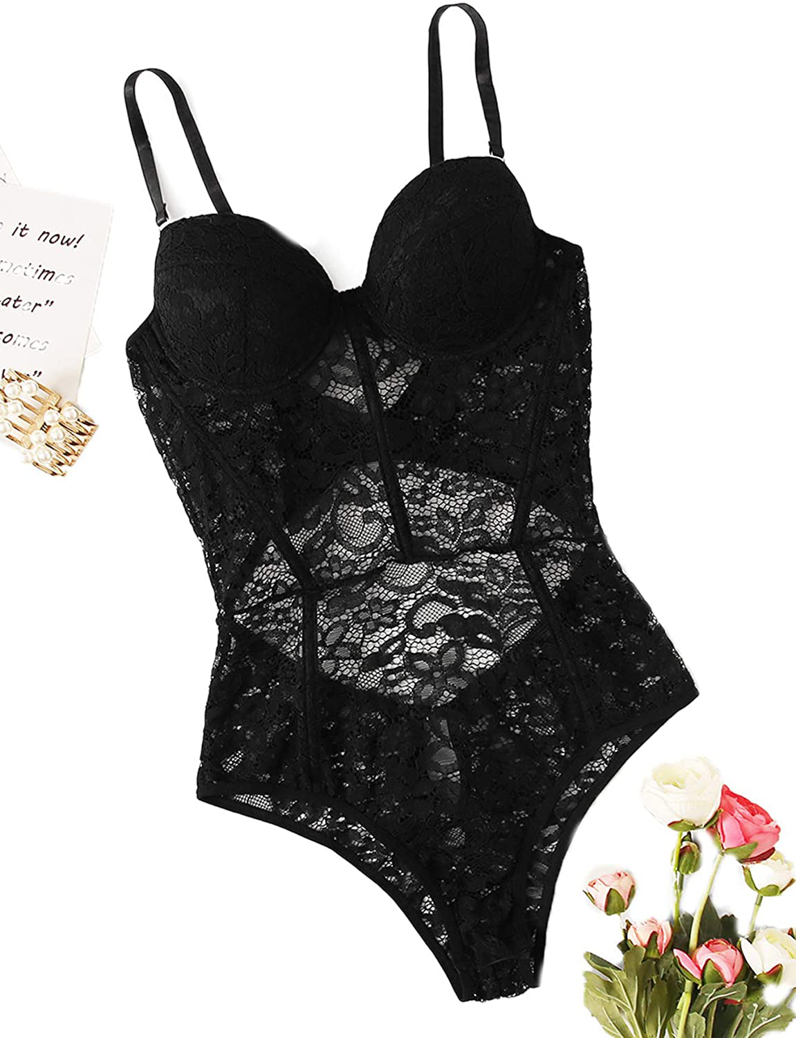 Verdusa Women's Backless Floral Lace Sheer Underwire One Piece Teddy Bodysuit Apparel & Accessories > Clothing > Underwear & Socks > Lingerie Verdusa