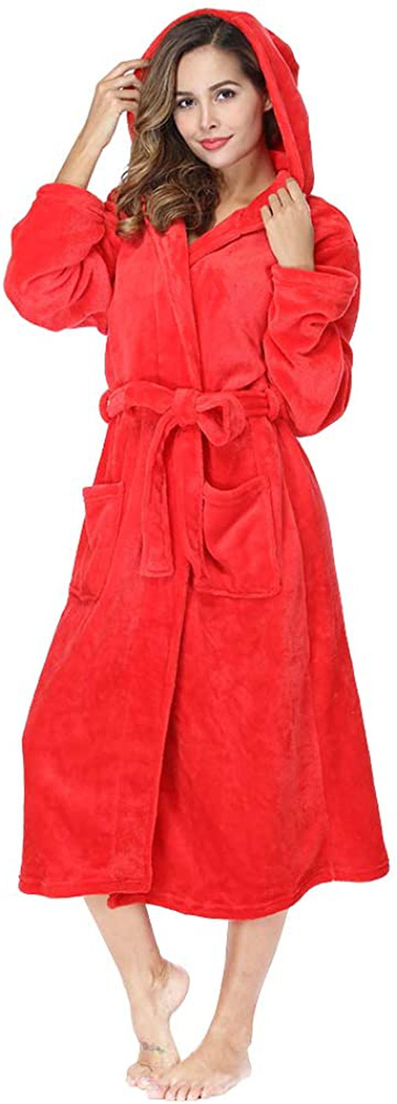 RONGTAI Womens Long Robes Plush Fleece Nightgown Thick plus Size Hooded Bathrobe with Pockets Fluffy Sleepwear for Men Apparel & Accessories > Clothing > Sleepwear & Loungewear > Robes RONGTAI Red Large