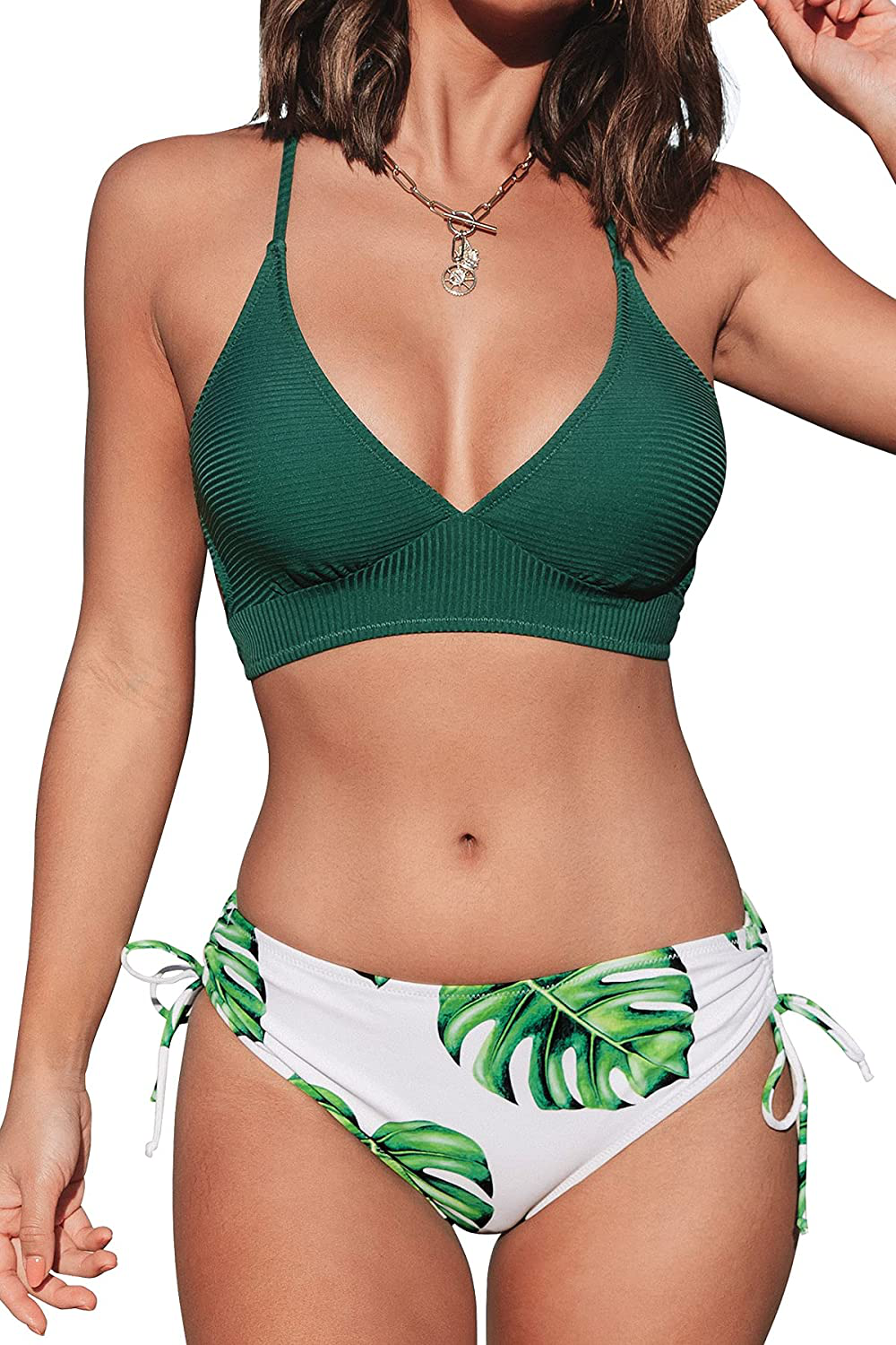 CUPSHE Women's Bikini Swimsuit Floral Print Lace Up V Neck Two Piece Bathing Suit Apparel & Accessories > Clothing > Swimwear CUPSHE Green Leaf X-Large