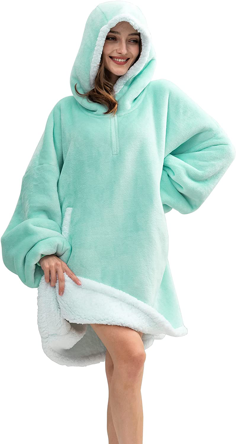 HBlife Oversized Long Wearable Blanket Hoodie for Adult, Thick Sherpa Sweatshirt with Elastic Sleeves and Giant Pockets Super Warm and Cozy Fuzzy Plush Fleece Blanket Jacket, Blue Arts & Entertainment > Party & Celebration > Gift Giving HBlife Teal Adult-Short