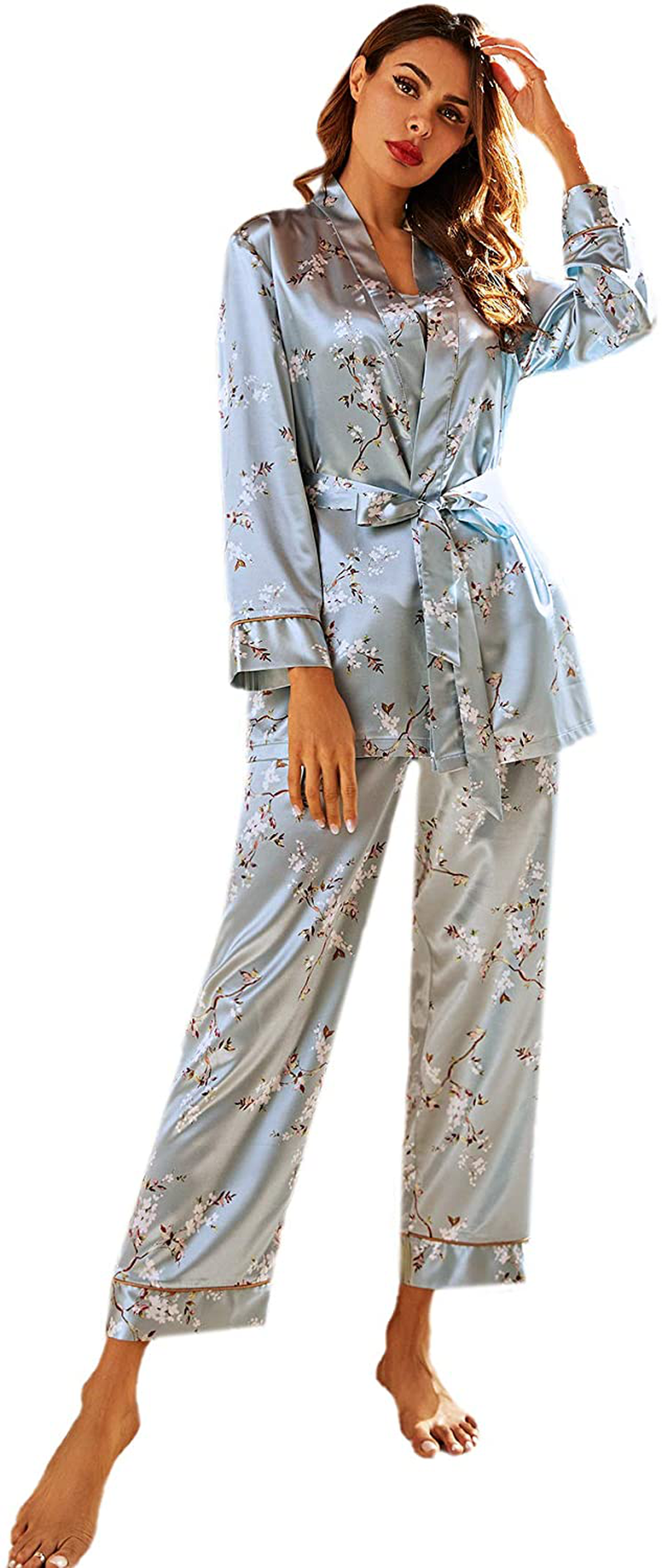 SOLY HUX Women'S Sleepwear 4Pcs Floral Print Satin Cami Pajama Set with Robe Apparel & Accessories > Clothing > Sleepwear & Loungewear Kylie Max