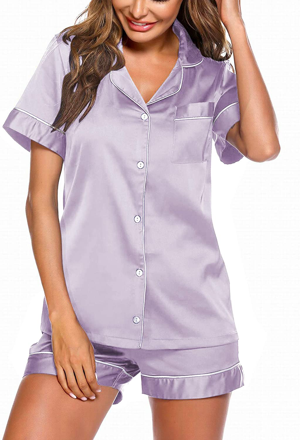 Ekouaer Satin Pajamas Women'S Short Sleeve Sleepwear Soft Silk Button down Loungewear Pjs Shorts Set S-XXL Apparel & Accessories > Clothing > Sleepwear & Loungewear Kylie Max
