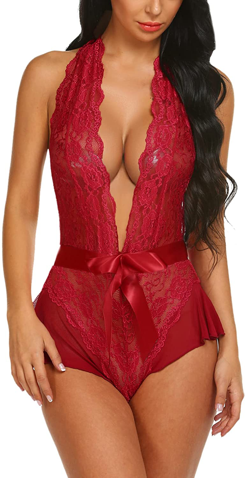 Avidlove Womens One Piece Lingerie Lace Bodysuit Halter V Neck Teddy Lingerie Negligee Babydoll Apparel & Accessories > Clothing > Underwear & Socks > Lingerie Avidlove Wine Red XX-Large
