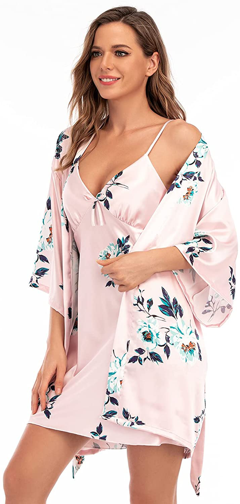 Escalier Womens Silk Satin Pajamas Set 2Pcs Silky Pj Sleepwear Lapel Loungewear Apparel & Accessories > Clothing > Sleepwear & Loungewear > Robes Escalier Pink Floral X-Large
