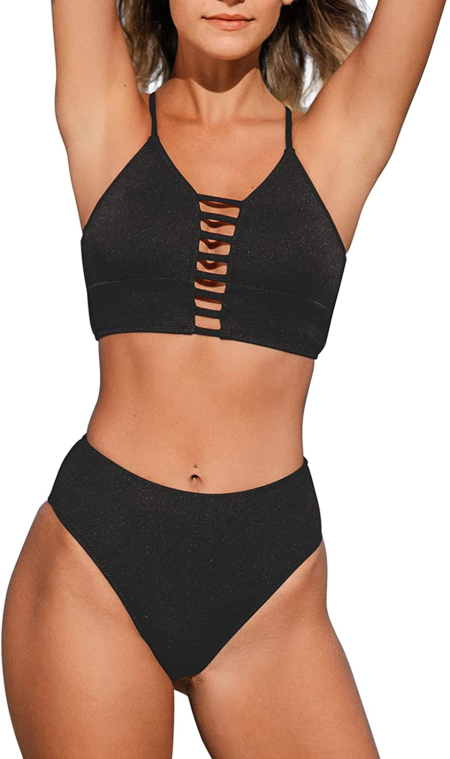 CUPSHE Women’s Bikini Swimsuit Floral Print Lace Up Multi Color Strappy Two Piece Bathing Suit Apparel & Accessories > Clothing > Swimwear CUPSHE Black XX-Large