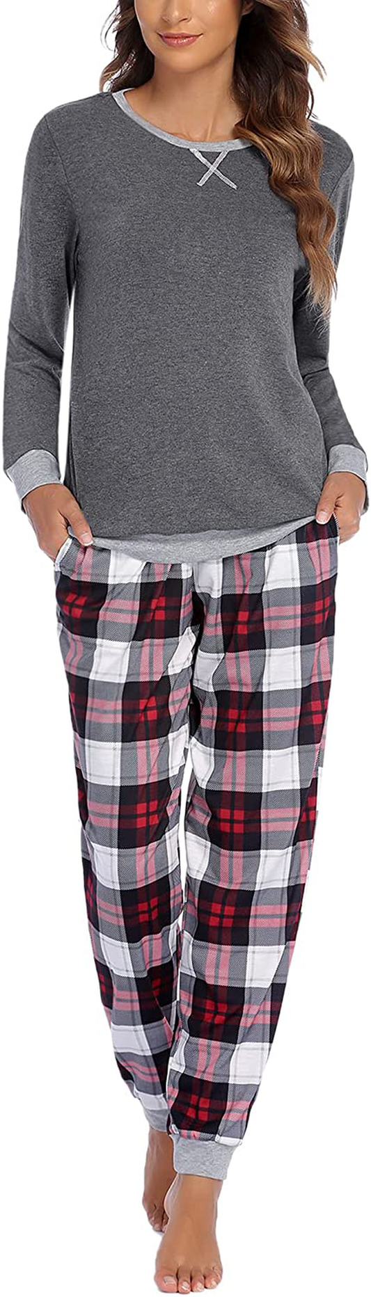 Ekouaer Women's Pajamas Sets Long Sleeve with Plaid Pants Soft Sleepwear O Neck 2 Piece Pjs Joggers Loung Set with Pockets Apparel & Accessories > Clothing > Sleepwear & Loungewear > Pajamas Ekouaer Pat1 XX-Large