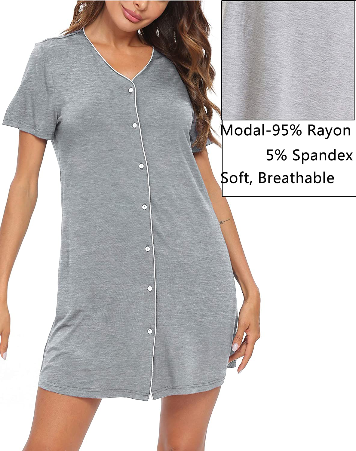 SWOMOG Women'S Button down Nightgown Short Sleeve Nightshirt V-Neck Sleepwear Boyfriend Sleepshirt Pajama Dress Apparel & Accessories > Clothing > Sleepwear & Loungewear > Nightgowns Kylie Max
