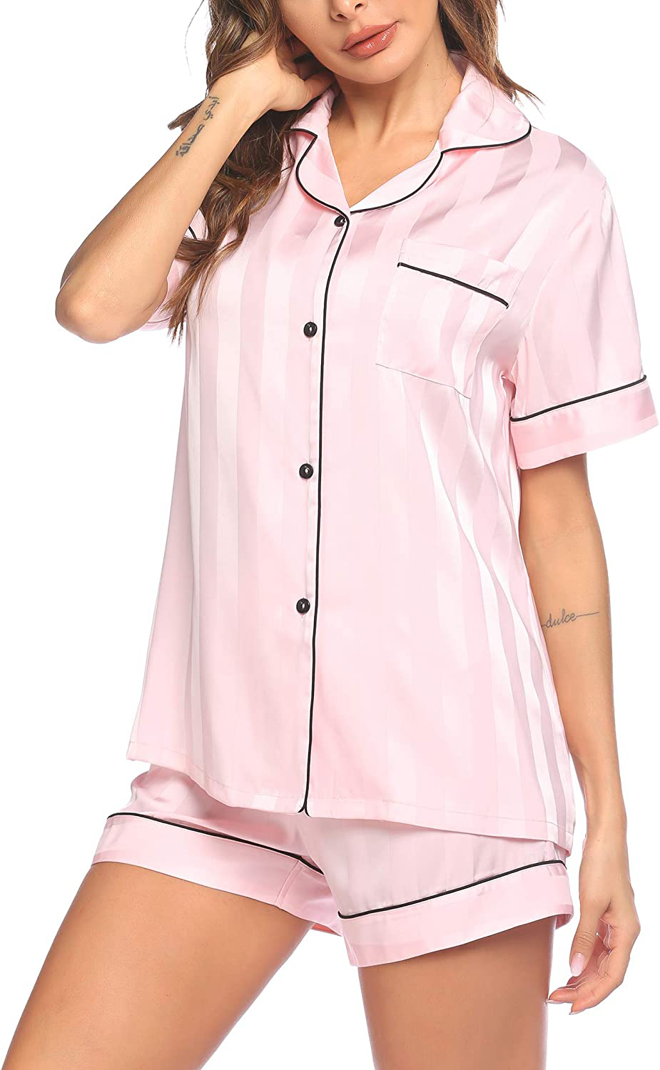 Ekouaer Satin Pajamas Women'S Short Sleeve Sleepwear Soft Silk Button down Loungewear Pjs Shorts Set S-XXL Apparel & Accessories > Clothing > Sleepwear & Loungewear Kylie Max