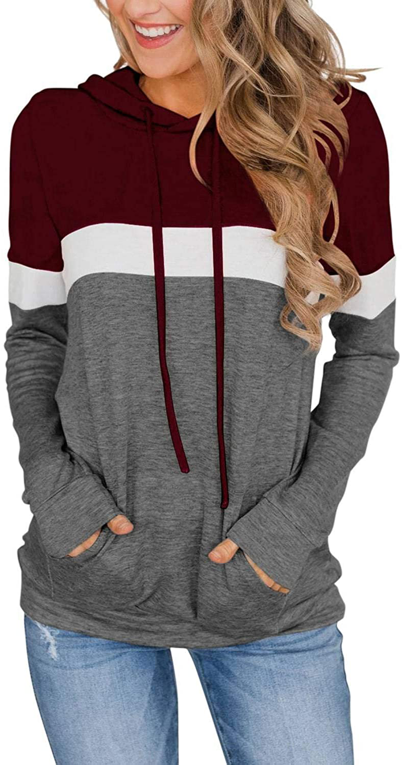 PINKMSTYLE Women'S Casual Color Block Hoodies Tops Long Sleeve Drawstring Pullover Sweatshirts with Pocket(S-Xxl) Apparel & Accessories > Clothing > Activewear Kylie Max