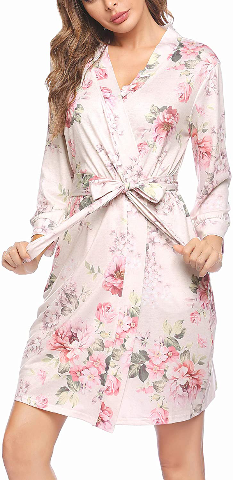 Hotouch Womens Robe Lightweight Kimono Robes Short Knit Bathrobe Soft Sleepwear Ladies Loungewear S-XXL Apparel & Accessories > Clothing > Sleepwear & Loungewear > Robes Hotouch Light Pink Floral X-Large