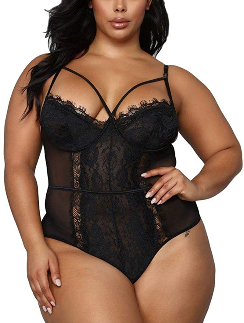 Plus Size Lingerie for Women Sexy Eyelash Lace Bodysuit Naughty Mesh One Piece Teddy Outfits Apparel & Accessories > Clothing > Underwear & Socks > Lingerie KYLIE MAX Black 3X-Large