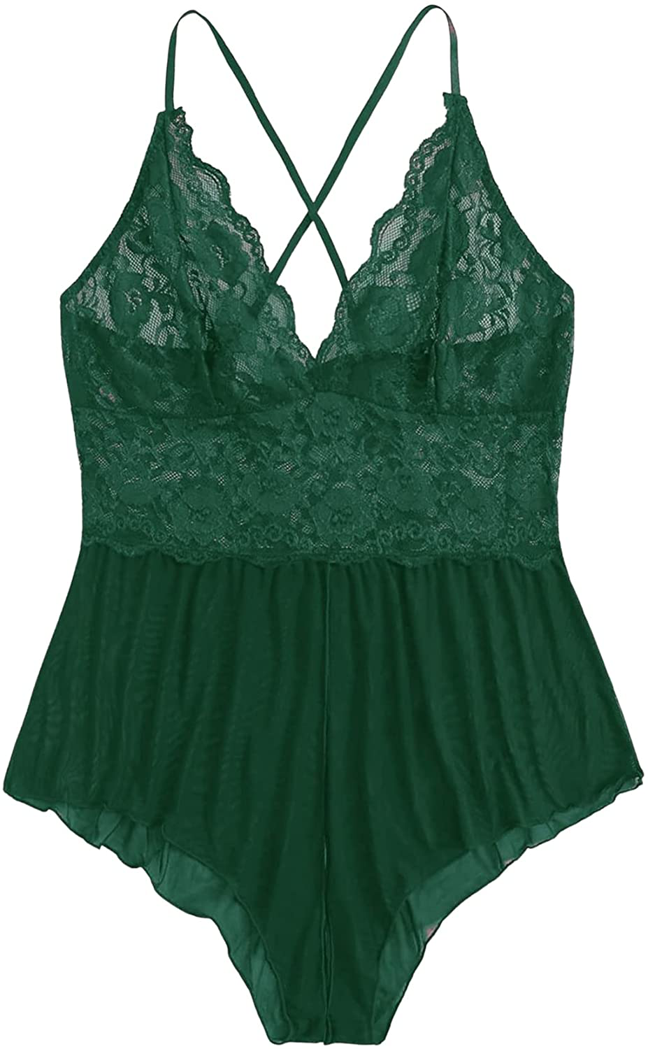 SOLY HUX Women's Plus Size Floral Lace Mesh Cross Back Lingerie Teddy Bodysuit Apparel & Accessories > Clothing > Underwear & Socks > Lingerie SOLY HUX Green 1X Plus