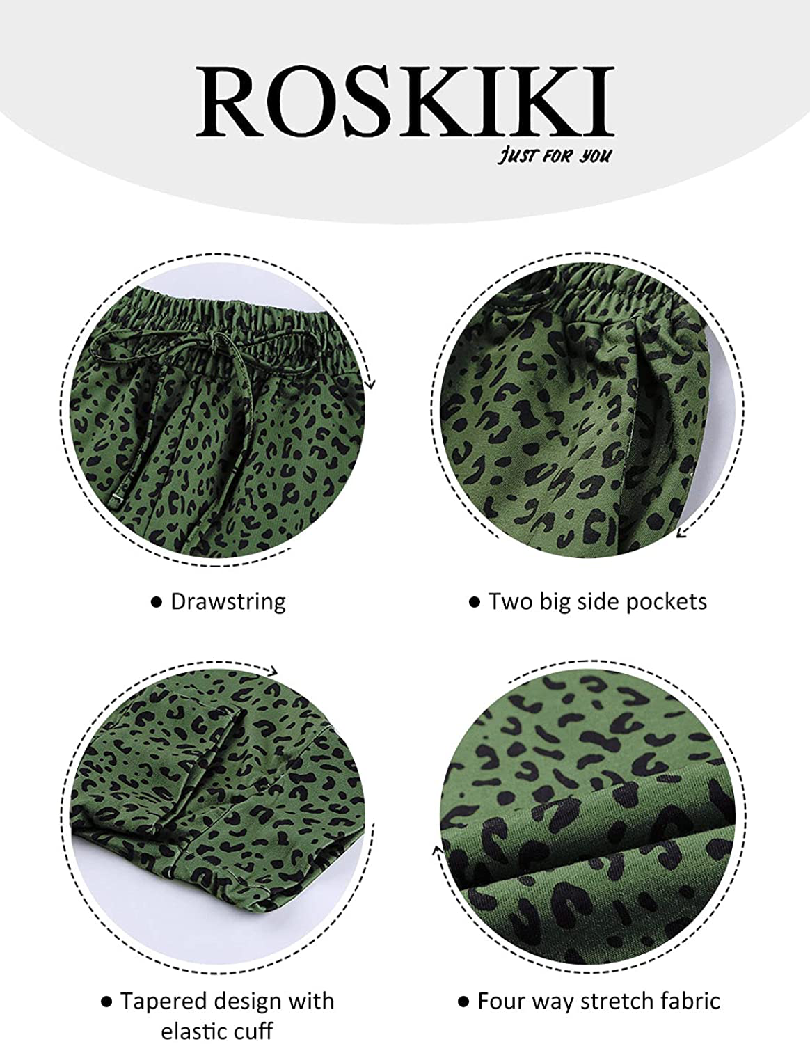ROSKIKI Womens Leopard Drawstring Elastic Waist Sports Lounge Pants with Pockets Apparel & Accessories > Clothing > Activewear Kylie Max