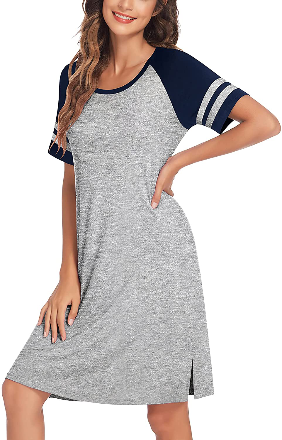 Hotouch Nightshirts Womens Nightgowns Raglan Striped Short Sleeve Sleepwear Comfy Sleepshirt S-XXL Apparel & Accessories > Clothing > Sleepwear & Loungewear > Nightgowns Kylie Max