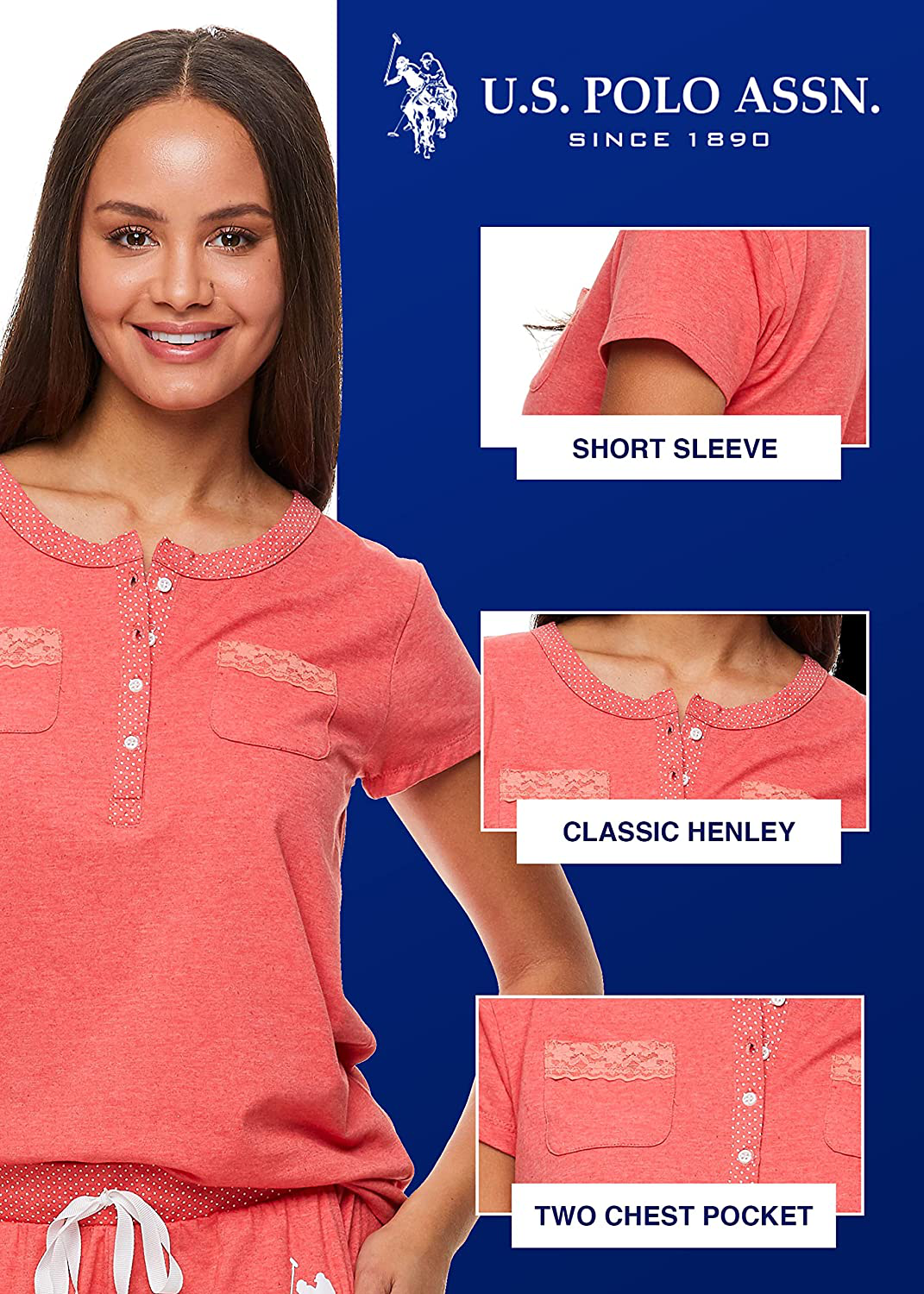 U.S. Polo Assn. Womens Pajama Set with Pockets - Short Sleeve Shirt and Pajama Pants Pj Set Apparel & Accessories > Clothing > Sleepwear & Loungewear > Pajamas U.S. Polo Assn.
