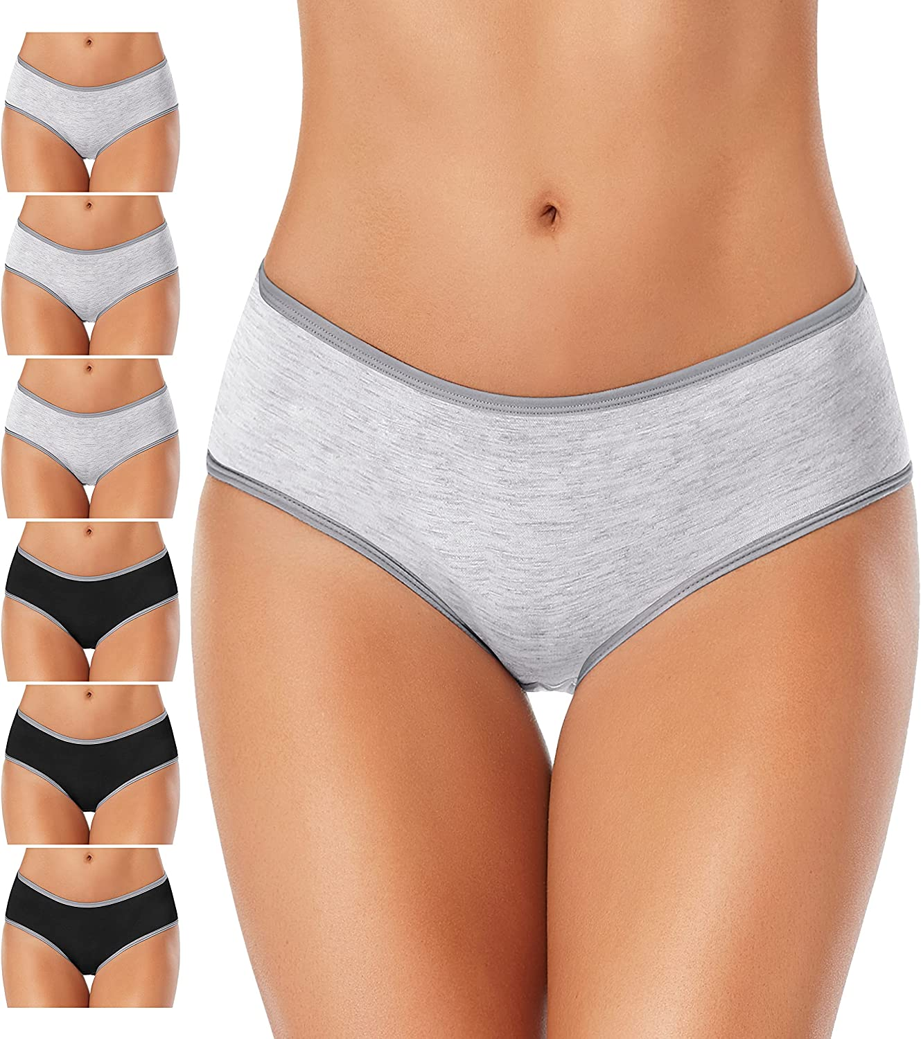 Cotton Full Coverage Underwear Womens Panties No Ride up Hipster Soft Breathable Stretch Bikini Ladies Briefs 6 Pack Apparel & Accessories > Clothing > Underwear & Socks > Underwear DUKAWA 6 Pack Black and Gray-d 3X-Large