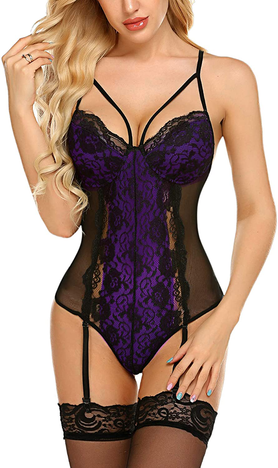Avidlove Garter Lingerie For Women Sexy Lace Teddy Chemise One Piece Bodysuit Apparel & Accessories > Clothing > Underwear & Socks > Lingerie Avidlove Purple Small