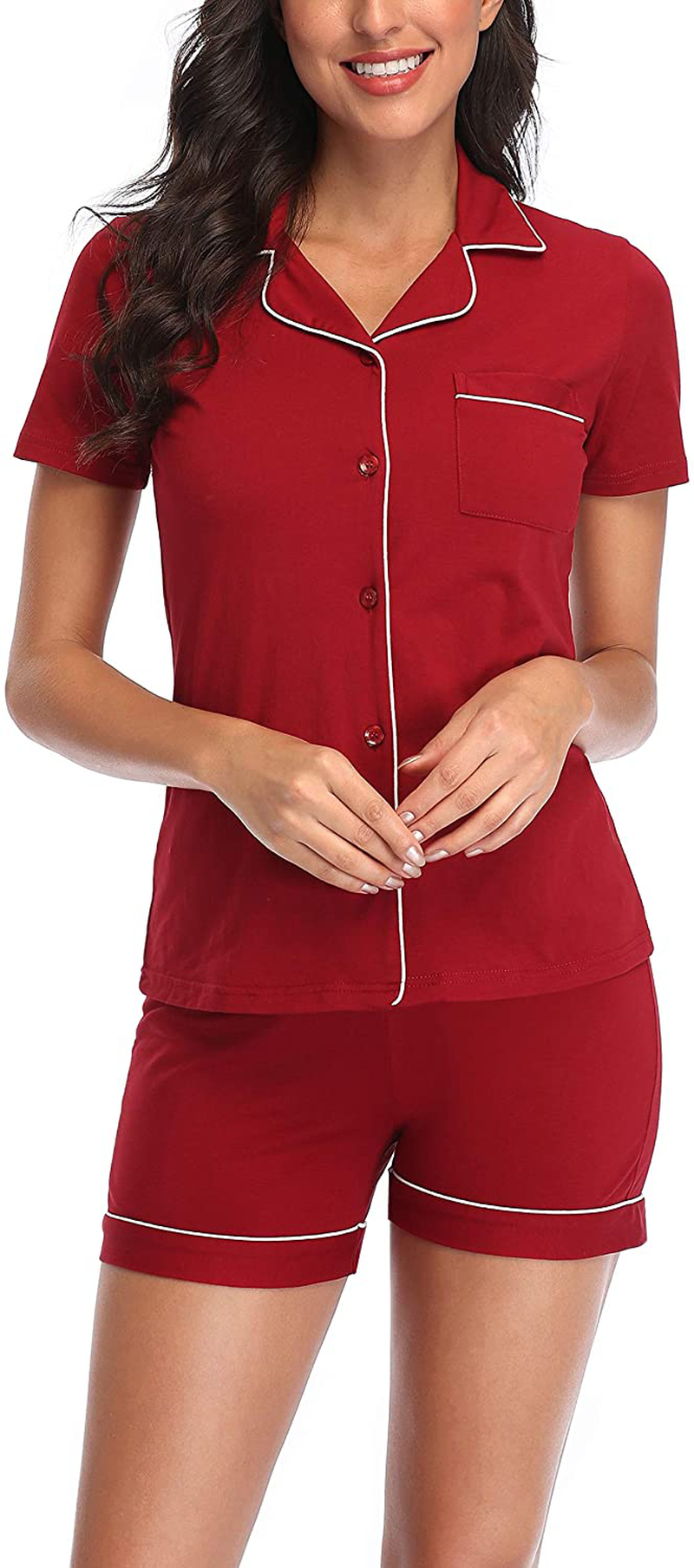 Women's Pajamas Set, Short Sleeve Sleepwear Button-Down Nightwear Soft Pj Lounge Sets Pajamas for Women Apparel & Accessories > Clothing > Sleepwear & Loungewear > Pajamas CULAYII Style B-purplish Red Small