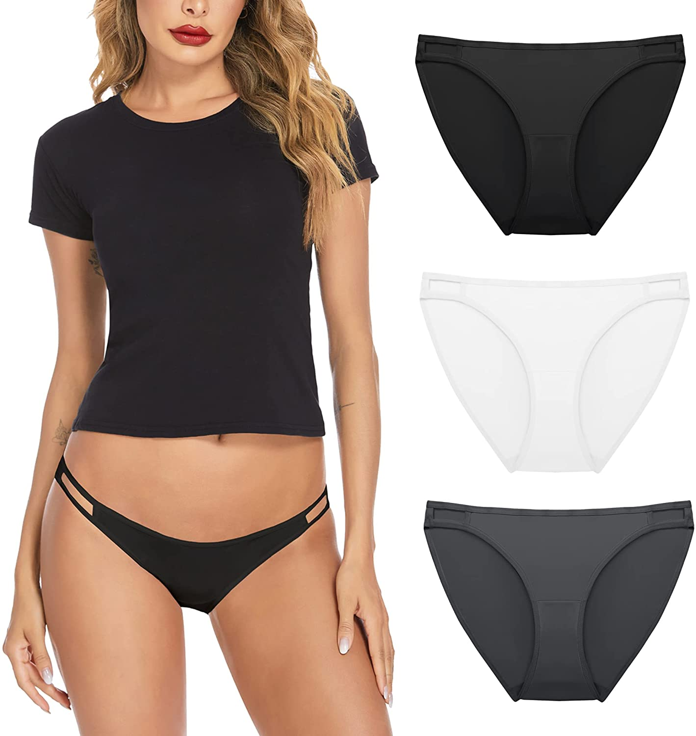 Ekouaer Sexy Ice Silk Bikini Underwear Panty Womens Seamless String Briefs Soft Stretch Breathable Invisible Panty 3 Pack Apparel & Accessories > Clothing > Underwear & Socks > Underwear Ekouaer 3 Pack-black/White/Gray XX-Large