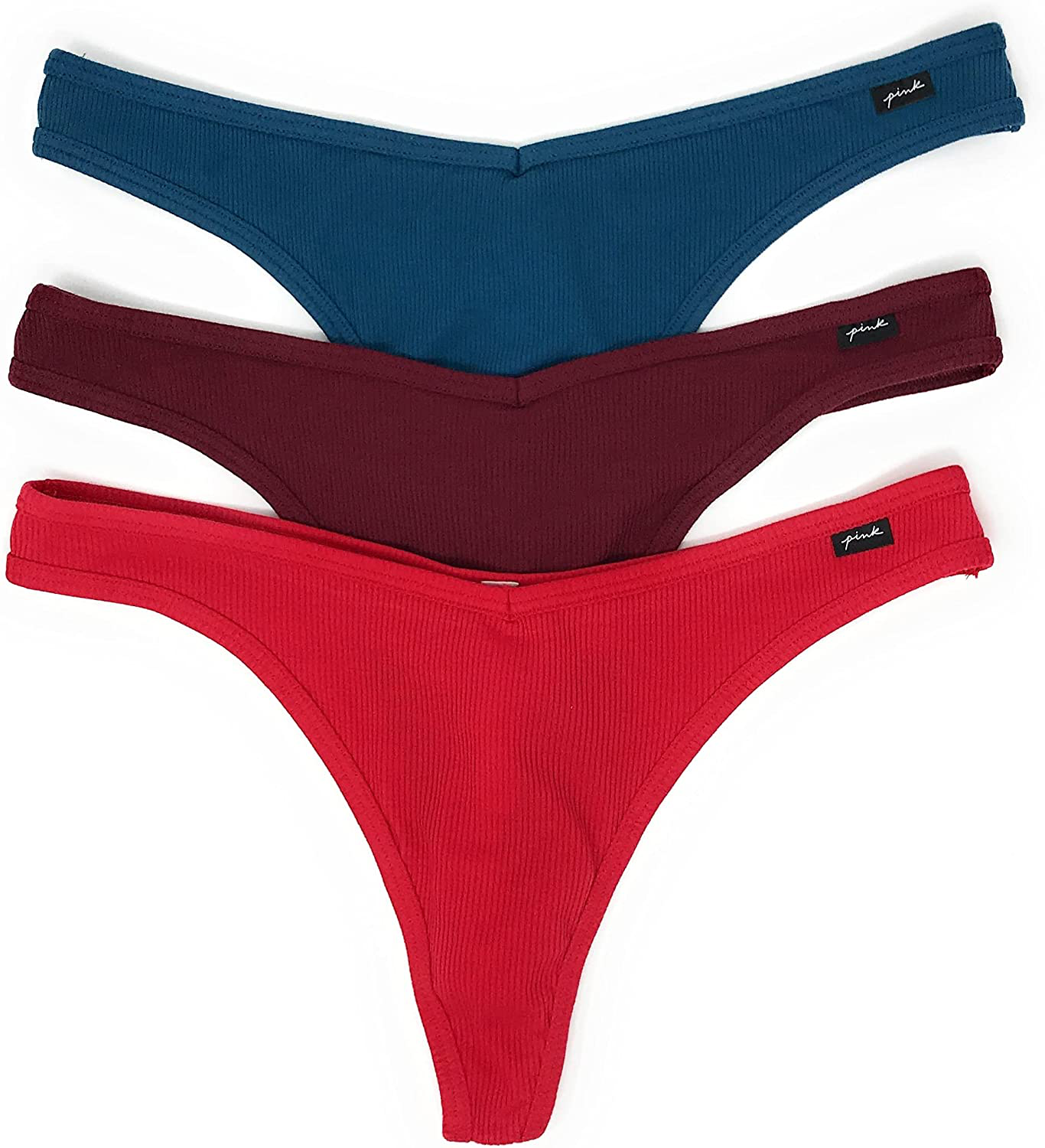 Victoria's Secret PINK Thong Panty Set of 3 Apparel & Accessories > Clothing > Underwear & Socks > Underwear Victoria's Secret Rib Teal / Cranberry / Red Large